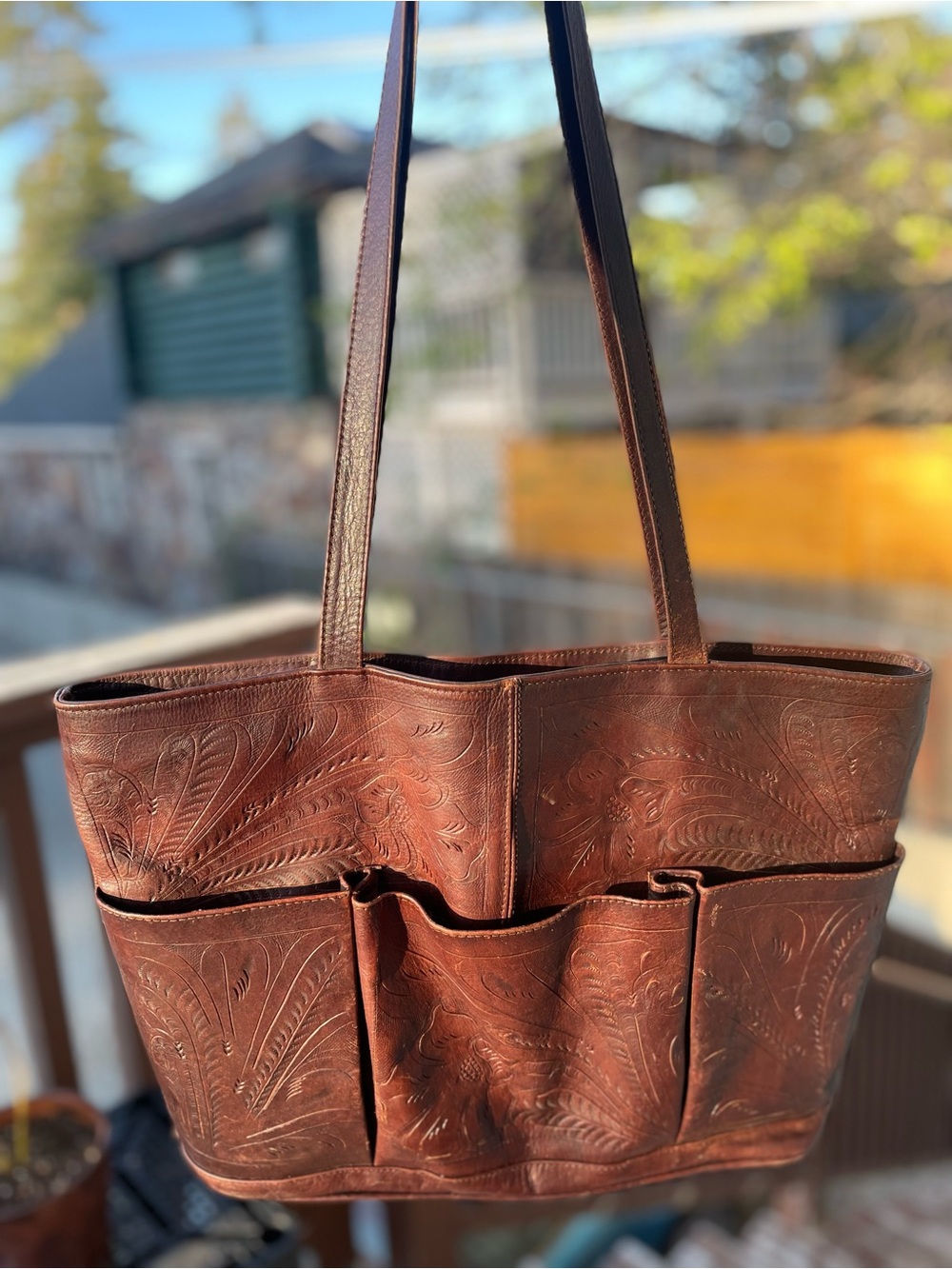 Brown Tooled Leather Tote Bag with Exterior Pockets made in Paraguay